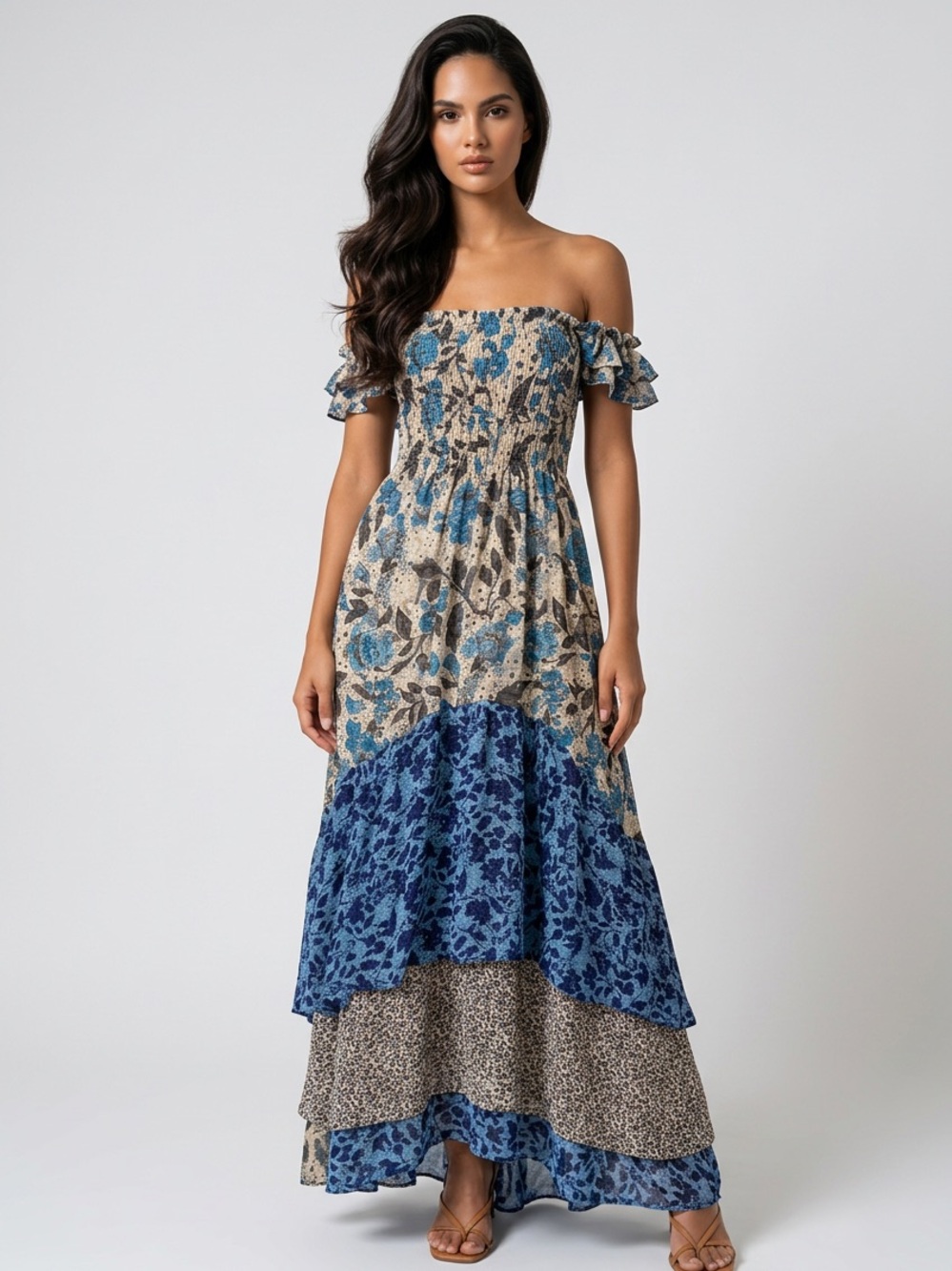 NWT Misa Los Angeles Blue Floral Patchwork Off-Shoulder Maxi Dress stretch XS